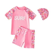Teen Girls Two-piece Swimsuits Print Short Sleeve Tops Trunks Swimwear Sets